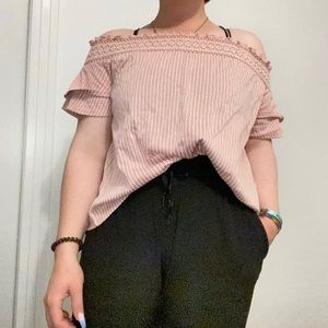 Pink striped off the shoulder shirt